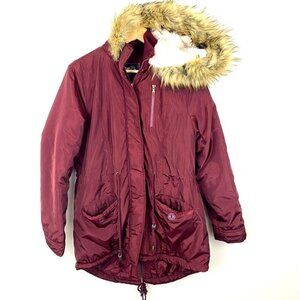 Rue 21 Winter Coat Jacket Women's Size Large Maroon Red Faux Fur Hood Zip Up